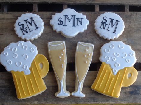 Engagement Party cookies..monograms, champagne and beer mugs Bubbles And Brews Shower Cookies, Brewery Bridal Shower Decorations, Couple Shower Cookies, Stock The Bar Cookies Decorated, Brewery Wedding Shower Ideas, Couples Wedding Shower Cookies, Bubbles And Brews Couples Shower Ideas Decor, Beer Bridal Shower Ideas, Bubbly And Brews Shower Ideas