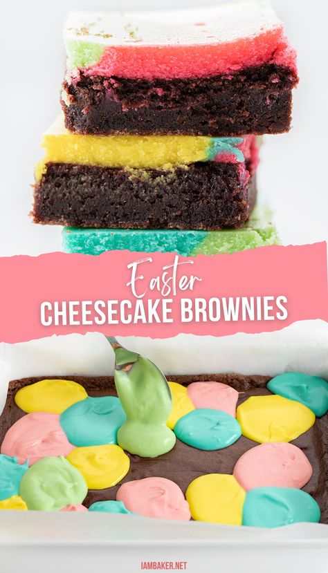 Two images show a stack of easter brownies as well as the process of adding different colored cheesecake dollops to the brownies. Easter Brownie Ideas, Spring Brownies, Colorful Cheesecake, Spring Bakes, Easter Brownie, Easter Brownies, Easter Dessert Table, Easter Cheesecake, Brownie Pudding