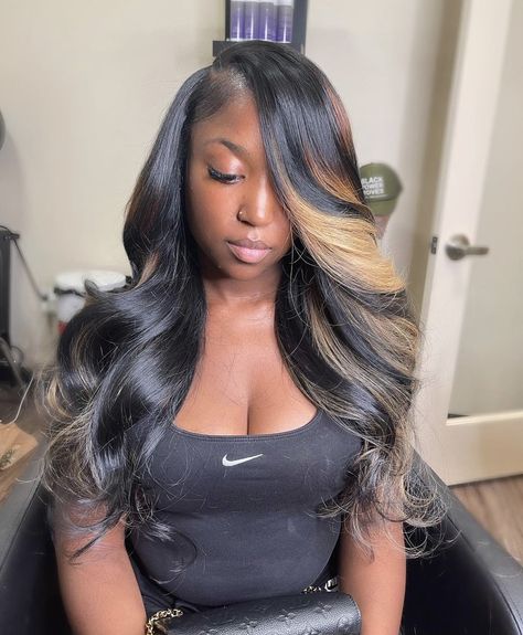 Hairstyle Sew In Black Women, Middle Part Traditional Sew In With Curls, Sew In Hairstyles Side Part Body Wave, Sewin Hairstyles Side Part, Ombre Sew In With Leave Out, Natural Sew In With Leave Out Body Wave, Side Part Closure Sew In With Highlights, Ombre Side Part Sew In, Side Part Sew In Color