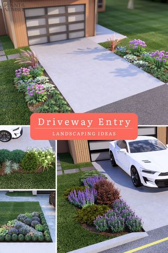 Need driveway entry landsaping ideas? 🏡 You’ll find a ton of driveway flower garden layouts at Plant By Number! Designs are available for download or printed directly on landscaping fabric for super easy DIYs and low-maintenance flower gardens! Landscape Ideas Along Driveway, End Of Driveway Flower Bed Ideas, Sidewalk Driveway Landscaping, Front Yard Landscaping Driveway Entrance, Shared Front Yard Landscaping, Driveway Lined With Plants, Landscaping Near Driveway, Along The Driveway Landscaping, Driveway Flowers Border