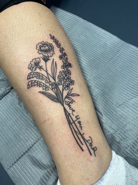 Lily Of The Valley Memorial Tattoo, Larkspur And Marigold Tattoo, Lily Of The Valley And Marigold Tattoo, Marigold And Lily Of The Valley Tattoo, Carnation And Lily Of The Valley Tattoo, Larkspur Flower Tattoo, Larkspur Flower Tattoos, Aster Tattoo, Larkspur Tattoo