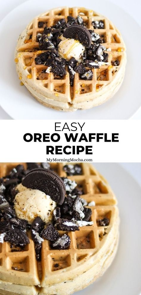 Here's how to make Oreo waffles with this recipe perfect for the waffle maker. This homemade Oreo waffle is so easy to make, light and fluffy. via @MyMorningMocha Cookies And Cream Waffles, Oreo Waffles Recipe, Waffles Toppings Ideas, Oreo Waffles, Waffle Ideas, Waffle Pops, Easy Waffle Recipe, Waffle Maker Recipes, Homemade Waffles