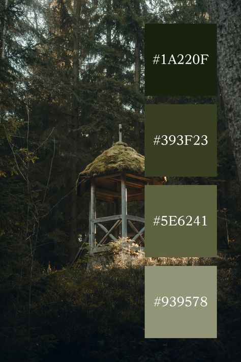 Rustic Forest Gazebo: An enchanting gazebo with a moss-covered roof set amidst towering trees. The earthy greens of the foliage and the moss create a magical, almost fairytale-like scene. This earthy green color palette evokes a sense of rustic charm and natural beauty. Fairytale Color Palette, Forest Gazebo, Moss Color Palette, Moss Green Color Palette, Forest Color Scheme, Color Scheme Generator, Moss Green Color, Color Generator, Earthy Greens