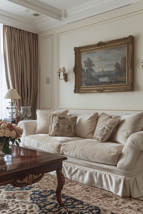 29 Timeless Decor Living Room Ideas for Classic Elegance 28 Living Room Old Money Aesthetic, Vintage Chic Living Room, Classicism Interior, Diy Wall Sconces, French Living Room Decor, Fall Bedroom Ideas, Hanging Tea Lights, Classic Apartment, Salas Living Room