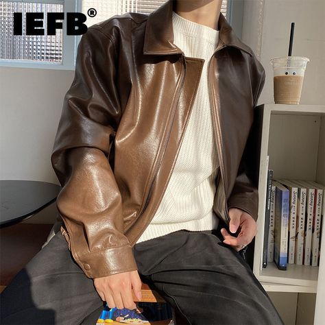 IEFB Men's Clothing Autumn New Oversize Coat Korean Trend Loose Casual PU Leather Jacket Coat Male Brown Leather Jacket Outfit Men, Mens Rock Fashion, Old Money Jacket, Brown Leather Jacket Outfit, Pilot Leather Jacket, Mens Fashion Retro, Short Leather Jacket, 90s Fashion Men, Biker Outfit