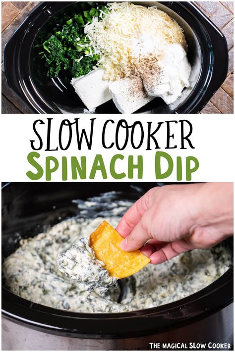 Slow Cooker Spinach and Artichoke Dip - The Magical Slow Cooker Hot Spinach And Artichoke Dip Crockpot, Spinach Crockpot Dip, Slow Cooker Finger Food, Spinach Dip Recipe Easy Crock Pot, Spinach Dip Recipe Crockpot, Hot Spinach Dip Crockpot, Dips In Crockpot, Crock Pot Spinach Artichoke Dip, Spin Dip