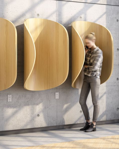 Constructed using SoundPly acoustic panels (the world's quietest panels).  Features real wood veneer. Phone Booth Design, Wood Sound Diffuser, Sound Booth, Phone Booth Office, Sound Diffuser, Atelier Design, Wall Paneling Diy, Office Interior Design Modern, Acoustic Panel