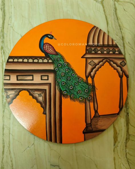 Exquisitely Hand Painted Peacock Pichwai Painting . Pichwai is a style of painting that originated over 400 years ago, in the town of Nathdwara, India. depict tales from Lord Krishna's life. This painting is for sale!   Description : Dimensions: 12" inch’s Material: Hand-painted on MDF MRP – Kindly DM us! #art #artistsoninstagram #pichwaiwallart #PichwaiPaintingArt #peacockdesign #peacockartwork #peacockpaintings #pichwaitradition #paintingart #homedecor #homeaccessories #walldecor #artfe... Round Pichwai Painting, Pichwai Art Paintings, Peacock Artwork, Pichwai Art, Painted Peacock, Pichwai Painting, Peacock Painting, Pichwai Paintings, Peacock Design