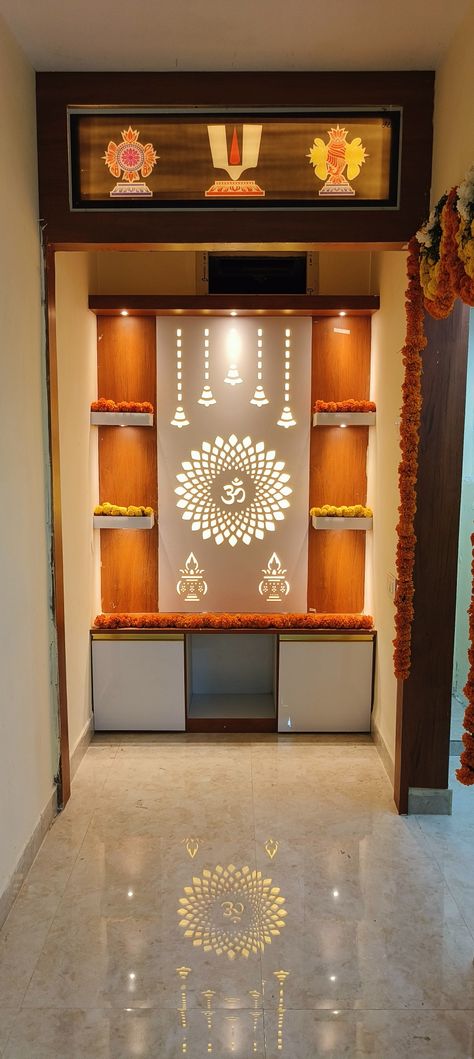 Interior Design For Pooja Room, Deoghar Design, Modern Pooja Room Design Indian Homes, Devudi Room Designs Small, Wooden Pooja Room Design, Puja Mandir Design Home In Usa, Pvc Pooja Room Design, Indian Hall Decor, Puja Room In Hall