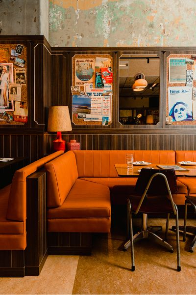 Mid Century Restaurant Design, Restaurant Banquette Design, Mid Century Modern Bakery, Modern Sports Bar Design, Colorful Restaurant Interior Design, Cozy Restaurant Aesthetic, Small Restaurant Interior Design, Cozy Restaurant Interior, Restaurant Concept Ideas