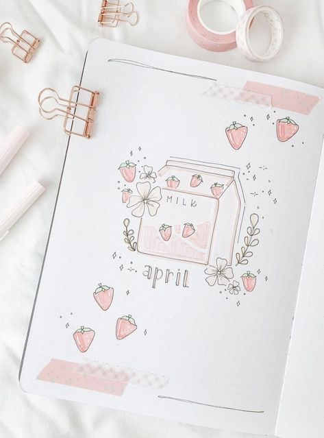 Strawberry Bujo, April Bujo Cover, April Bujo, Nice Notes, Bujo Cover, Journal April, April Bullet Journal, Milk Art, Kalender Design