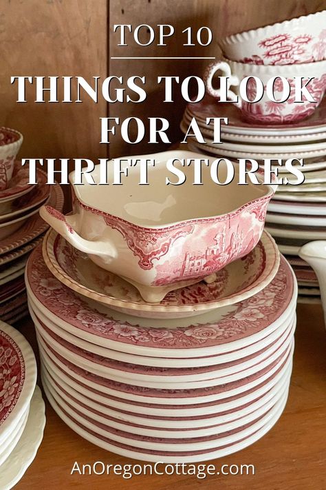 If you love a good bargain and enjoy shopping for unique items, then thrift stores are your go-to shopping destination! From vintage T-shirts to antique home decor, thrift stores are a treasure trove of amazing finds. Click for the top 10 things to look for at thrift stores including artwork, decor finds, kitchen, pottery, clothes and more. Thrifted Home Decor Kitchen, Vintage Repurposed Items Upcycling, Farmhouse Kitchen Dishes, Trash To Treasure Ideas Thrift Store Finds, Thrifted Kitchen Decor, Pottery Clothes, Pnw Farmhouse, Farmhouse Idea, Thrift Decor