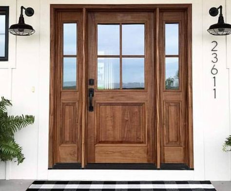 Front Door With Sidelights Brick House, Front Exterior Doors, Front Door With Sidelights, Door With Sidelights, Farmhouse Fixer, Farmhouse Fixer Upper, House Front Door Design, House Details, Wooden Front Doors