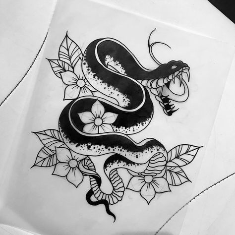 #tattoo #tattooapprentice #snake #snaketattoo #snakeflash #flash #tattooflash #ink #black #blackwork #inkstagram #tattoos #drawing… Black And Grey Traditional, Snake With Flowers, Black Snake Tattoo, Traditional Snake, Tattoos Drawing, Emo Tattoos, Traditional Tattoo Old School, Egyptian Tattoo Sleeve, Tier Tattoo