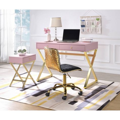 Pink And Gold Bedding, Gold Desk, Gold Bed, Pink Desk, Pink Office, Acme Furniture, Furniture Outlet Stores, Everly Quinn, Home Office Design