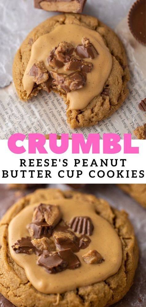 Crumbl Peanut Butter Cup Cookies, Peanut Butter Cheesecake Cookies, Crumble Peanut Butter Cookies, Crumbl Peanut Butter, Crumbl Recipes, March Cookies, Reese's Cookies, Crumb Cookies, Reese's Peanut Butter Cup Cookies