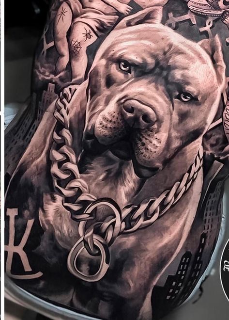 Bully Dog Tattoo, American Bully Tattoo, Pitbull Tattoo Design, Pit Bull Tattoo, Pitbull Tattoos, Rottweiler Tattoo, Full Hand Tattoo, Backpiece Tattoo, Chicano Tattoos Sleeve