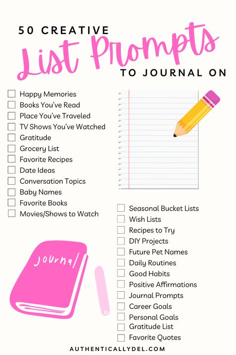 50 creative list prompts to journal on Creative List Ideas, Writing Lists Ideas, 100 Lists Of Lists, List Of Lists To Make, Journal To Do List Ideas, Journal Prompts Lists, Lists To Make Journal, Journalling Ideas Creative, List Ideas Journal