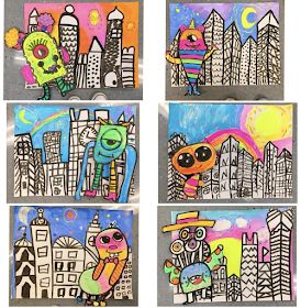 Cassie Stephens: Let it Glow: Monsters in the City! Art Ideas 2nd Grade, Art Projects For Grade 1 And 2, Art Lessons 2nd Grade, Art Projects Second Grade, City Art Project, Architecture Art Lesson Elementary, Elementary Architecture Art Projects, Glow Art Projects, Back To School Art Projects Elementary