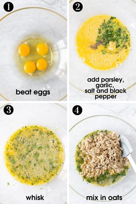 These delicious savory oatmeal bars are made with just six simple ingredients. Easy to make by soaking rolled oats in water, then adding eggs, parsley, minced garlic, salt and pepper to them, and baking for 30 minutes. Breakfast or snack any time. Oat With Egg, Egg Oats Breakfast, Oatmeal Salty Recipes, Eggs And Oats Recipe, Savory Rolled Oats Recipe, Oats And Eggs Breakfast, Savoury Oats Breakfast, Oats Savoury Recipes, Savory Oatmeal Bake