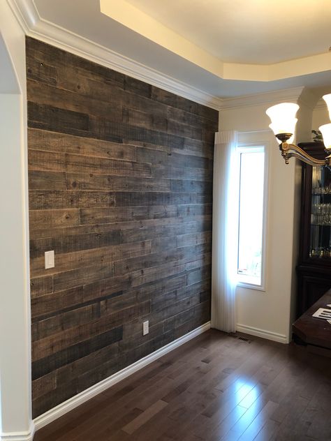 Real Wood Accent Wall, Hardwood Wall Ideas, Wood Wall Penling, Barnwood Walls Living Room, Wood Wall In Living Room, Tv Accent Wall Wood, Horizontal Wood Wall Interior, Dark Wood Shiplap Wall, Wood Walls Living Room Rustic