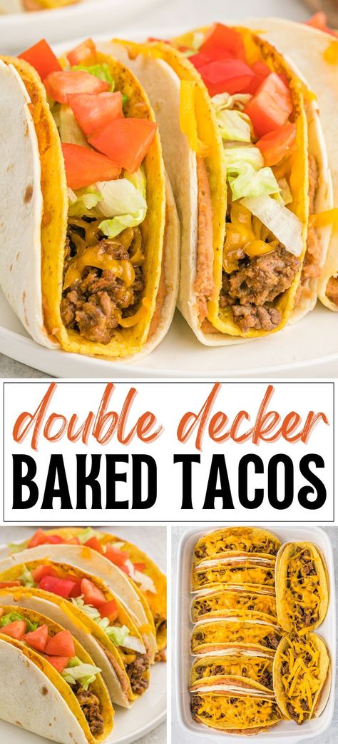 Baked Double Decker Tacos, Double Decker Recipes, Hard Shell Taco Wrapped In Soft Shell, Double Taco Shell, Double Shell Tacos, Homemade Double Decker Tacos, Recipes With Taco Shells, Taco Shell Recipe Ideas, Easy Ground Beef Tacos