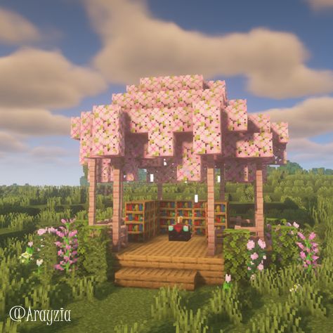 Cherry Blossom Enchantment Room, Cute Minecraft Ideas Outside, Minecraft Enchanting Gazebo, Minecraft Wells Designs Cute, Cute Minecraft Date Builds, Cute Ideas For Minecraft, Pink Gazebo Minecraft, Outside Enchanting Area Minecraft, Minecraft Cherry Blossom Block Palette