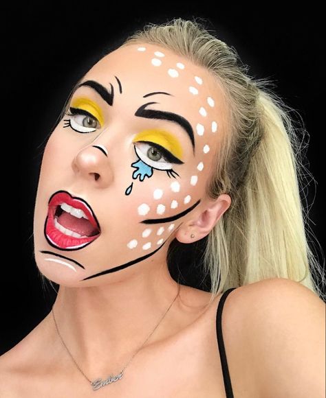 Pop Art Barbie Makeup, Comic Book Makeup Halloween, Mens Pop Art Makeup, Pop Art Makeup Easy, Halloween Costumes Comic Pop Art, Comic Book Pop Art Makeup, Pop Comic Makeup, Comic Makeup Pop Art Halloween Costumes, Comic Strip Makeup