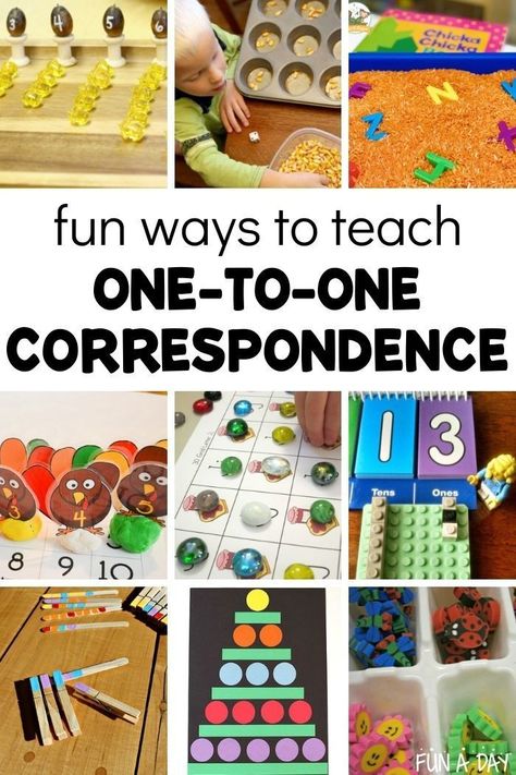 10 + creative ways to teach one-to-one correspondence. Each of these activities is a meaningful and playful way to teach this important math concept. While this is a crucial math skill, it’s also important in literacy too! Great for preschool. Montessori One To One Correspondence, Infant Math Activities Ideas, One To One Counting Activities, Math And Literacy Activities Preschool, Teaching 1 To 1 Correspondence, Math Skills Preschool, One To One Correspondence Activities Preschool, One To One Correspondence Kindergarten, Number Correspondence Activities