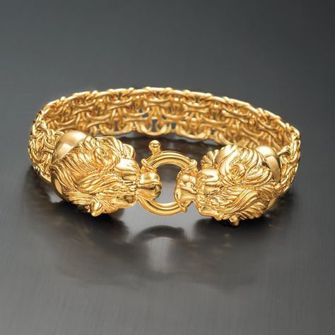 Italian 14kt Yellow Gold Double Lion Head Byzantine Bracelet | Ross-Simons Bracelet Design Gold, Women Gold Bangles, Lion Head Jewelry, Ancient Lion, Gold Braces, Gold Bracelet Designs, Lion Head Bracelet, Byzantine Bracelet, Gents Bracelet