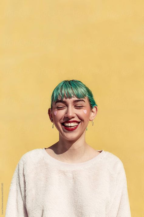 Yellow Background Portrait, Smile Portrait Photography Happiness, Yellow Photoshoot Ideas, Yellow Background Photoshoot, Yellow Portrait Photography, Woman Smiling Photography, Happy Portrait Photography, Stickers On Face, Smiling Portrait Photography