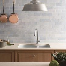 Related image Backsplash Trends, Kitchen Backsplash Trends, Ann Sacks Tiles, Grey Floor Tiles, Vintage Cupboard, Ann Sacks, Eclectic Kitchen, White Backsplash, Tile Inspiration