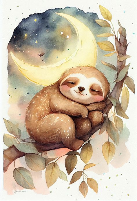 Sloth Sleeping, A Sloth, Nursery Gift, Cute Animal Drawings, Tree Branch, Watercolor Animals, Nap Time, Art Teacher, Sloth