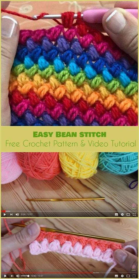 Easy Bean Stitch [Free Crochet Pattern and Video Tutorial] Beau Crochet, Bean Stitch, Confection Au Crochet, Crochet Simple, Haken Baby, Puff Stitch, Crochet Stitches Patterns, Crochet Stitch, Loom Knitting