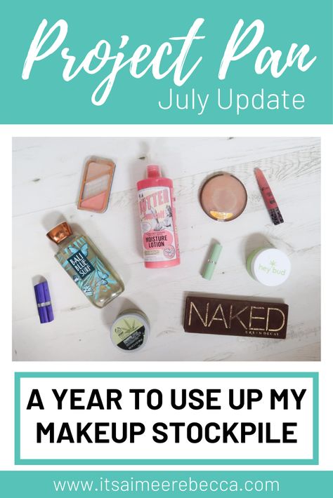 As part of my no buy year, I'm tackling my makeup collection with a project pan challenge. I want to use up my makeup stockpile and stop spending so much money on makeup and cosmetics. Here's my July project pan update with all the details.  #projectpan #projectpanchallenge #nobuyear #nobuymonth #nobuyyearchallenge Project Pan Makeup Challenge, Project Pan Makeup, No Buy Challenge, No Buy Year, Pan Makeup, No Buy, Makeup Challenge, Stop Spending, Makeup Challenges