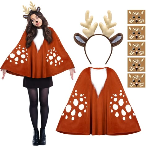 PRICES MAY VARY. Halloween Deer Costume Set: you will receive 1 piece of antler headpiece with ears, 5 sheets of face tattoos and 1 deer poncho costume, lively and cute costume accessories to suit your cosplay needs Quality Material Selection: the deer poncho is made from soft fabric that is stretchy, our fawn cape ensures maximum comfort, and the comfortable fabric also ensures that your costume can withstand hours of Halloween fun without losing its shape or appeal Notable Size Details: the de Poncho Halloween Costume, Diy Reindeer Antlers Headband, Christmas Themed Halloween Costumes, The Price Is Right Costume, Reindeer Costume Diy, Reindeer Costume Women, Holiday Costume Ideas, Warm Halloween Costume Ideas Women, Diy Reindeer Costume