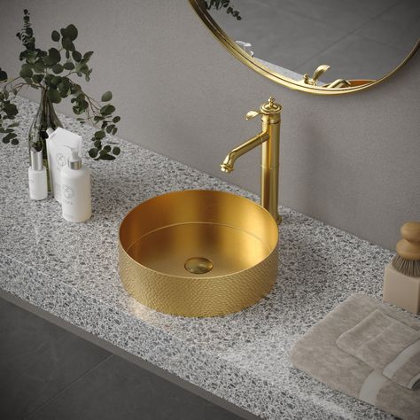 The Karran CCV100G is a striking addition to the Cinox Collection, presenting a vessel sink that combines functional artistry with luxurious design. Finished in a resplendent Gold, this round sink instantly elevates the aesthetic of any bathroom. Crafted from high-quality stainless steel, it promises both durability and a shimmering, opulent appearance. Designed for vessel mount installation, it sits gracefully atop the counter, offering an eye-catching focal point that reflects Karran's comm... Gold Sink Bathroom, Stainless Steel Bathroom Sink, Vincennes Indiana, Ada Bathroom, Bathroom Layouts, Round Sink, Pedestal Sinks, Vessel Faucets, Brushed Copper