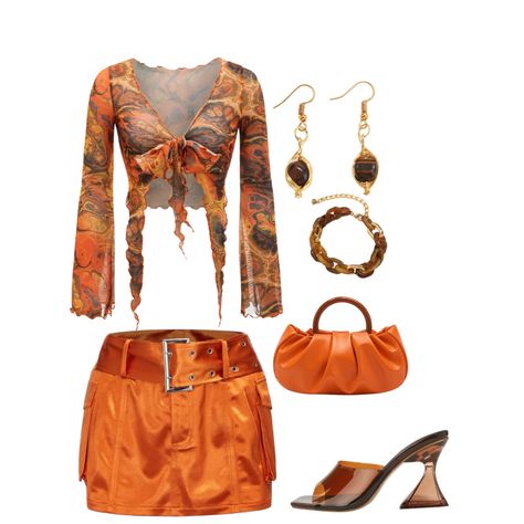 2000s Orange Outfit, Orange Outfit Ideas Black Women, Orange 90s Outfit, Cute Orange Outfits Aesthetic, Orange Fits Aesthetic, Brown And Orange Outfits For Black Women, Orange You Glad Outfit, Orange Kpop Outfit, Orange Outfit Black Women