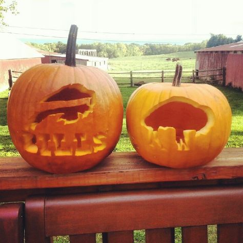 Buffalo bills pumpkins!! Buffalo Bills Pumpkin Carving, Bills Pumpkin Carving, Buffalo Bills Pumpkin, Buffalo Bills Stuff, Western Pumpkin, Pumpkin Carving Stencils, Motocross Helmet, Carving Stencils, Pumpkin Painting Ideas