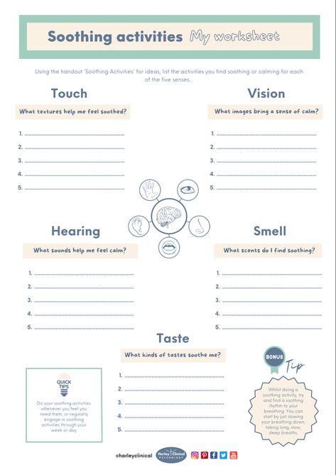 S Worksheet, 5 Senses Worksheet, Liz White, Self Soothing, Therapeutic Recreation, Senses Activities, Mental Health Activities, Calming Strategies, Family Meeting