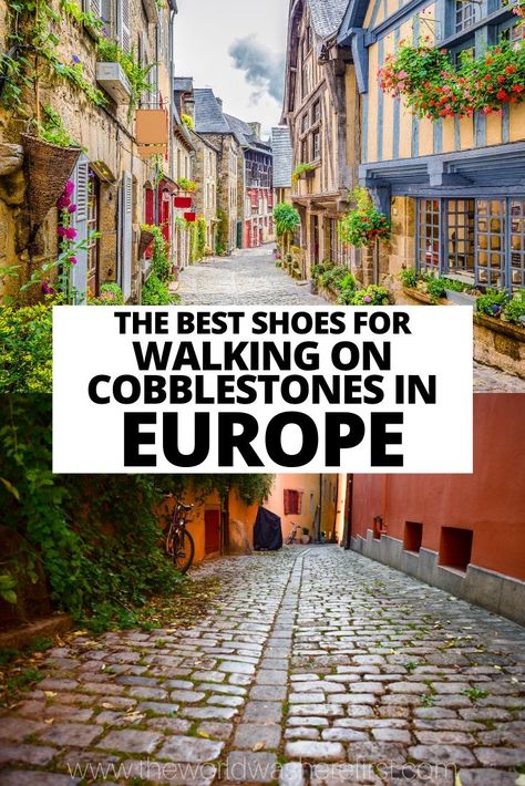 A guide to the best shoes for walking on cobblestones in Europe including options for boots, sandals and walking shoes for men and women. Mens Walking Shoes Sneakers, Dress With Walking Shoes, Cute Waterproof Shoes, Best Flats For Walking, Trendy Walking Shoes Women, Sandals For Walking All Day, Fall Walking Shoes, Best Walking Boots For Women Travel, Comfortable Walking Boots