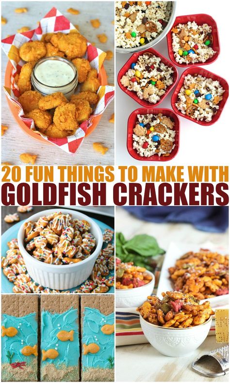 Does your child love Goldfish Crackers? All mine do, and truth be told, I do too! Here are some fun recipes to make, that all include our favorite fishy treat! Ranch Goldfish Crackers Goldfish & Marshmallow Snack Mix Goldfish Chicken Nuggets Goldfish Trail Mix Goldfish Cracker Bites Chipotle Chicken Goldfish Crackers Princess Goldfish Mix Under … Goldfish Crackers Ideas, Snacks With Goldfish Crackers, Goldfish Mix Recipe, Trail Mix With Goldfish, Gold Fish Snack Ideas, Snack Mix With Goldfish Crackers, Goldfish Trail Mix Recipes, Goldfish Snack Ideas, Recipes With Goldfish Crackers