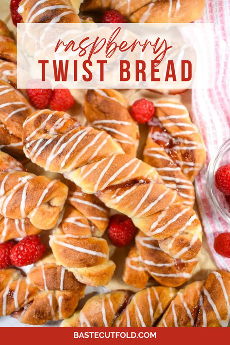 An easy-to-make recipe for raspberry bread twists. Made with a homemade bread dough, filled with raspberry jam, and drizzled with vanilla bean glaze, these sweet breadsticks work nicely for breakfast or brunch. Twist Bread, Homemade Bread Dough, Raspberry Bread, Bread Twists, Brunch Bread, Breadsticks, Raspberry Jam, Instant Yeast, Bread Dough