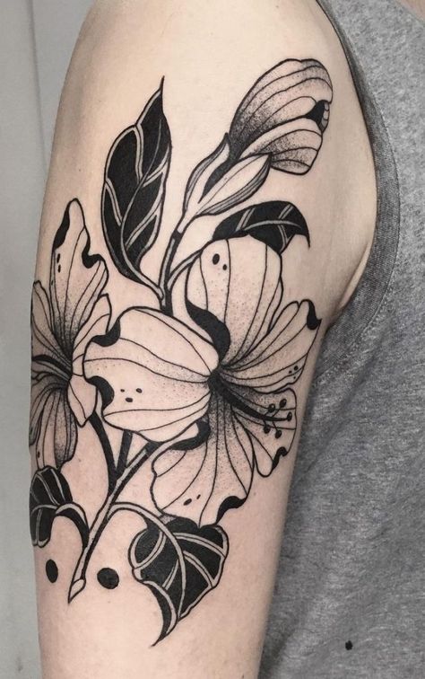 High Contrast Floral Tattoo, Cover Up Tattoos For Women Shoulder, Black Work Flower Tattoo, Tattoo Botanica, Blackwork Flower Tattoo, High Contrast Tattoo, Contrast Tattoo, Hibiscus Tattoos, Hibiscus Flower Tattoos