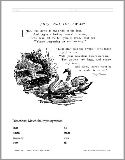 Fido and the Swans Poem Worksheets - Free to print (PDF files). Swan Poem, Kids Poems, School English, Poetry Poem, Free Printable Worksheets, Poetry Words, Educational Websites, Nature Journal, Swans