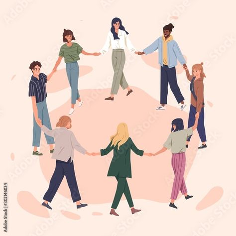 Circle Cartoon, Holding Hands Drawing, People Holding Hands, Women Standing, Church Media Design, Ad Illustration, Circle Drawing, Women's Circle, Flat Vector Illustration