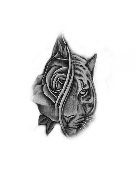 Half Tiger Half Rose Tattoo, Simple Hand Tats Men, Tiger And Rose Tattoo Design, Gangsta Style Drawings, Hand Tatts For Woman, Rose Tiger Tattoo, Rose Hand Tattoo Design, Tiger And Rose Tattoo, Simple Tiger Tattoo