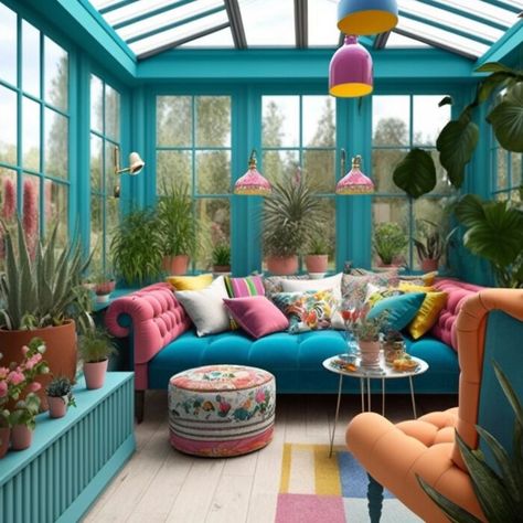 Hippy Conservatory, Maximalist Conservatory, Funky Conservatory Ideas, Bright Sunroom Ideas, Conservatory Paint Ideas, Colourful Conservatory Decor, Boho Conservatory Decor, Encanto Themed Bedroom, Conservatory Interior Design