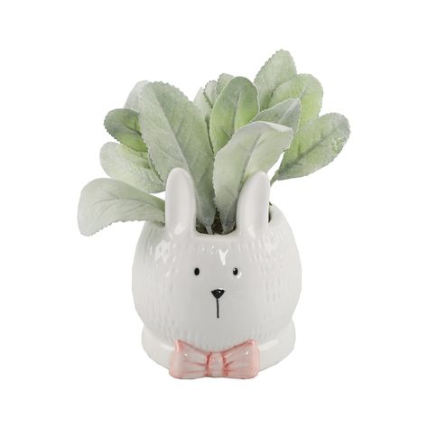 Bunny With Pink Bow, Bow Ceramic, Lambs Ear Plant, White Pots, Ceramic Statue, Lamb's Ear, Easter 2021, Artificial Plants And Trees, Ceramic Bunny