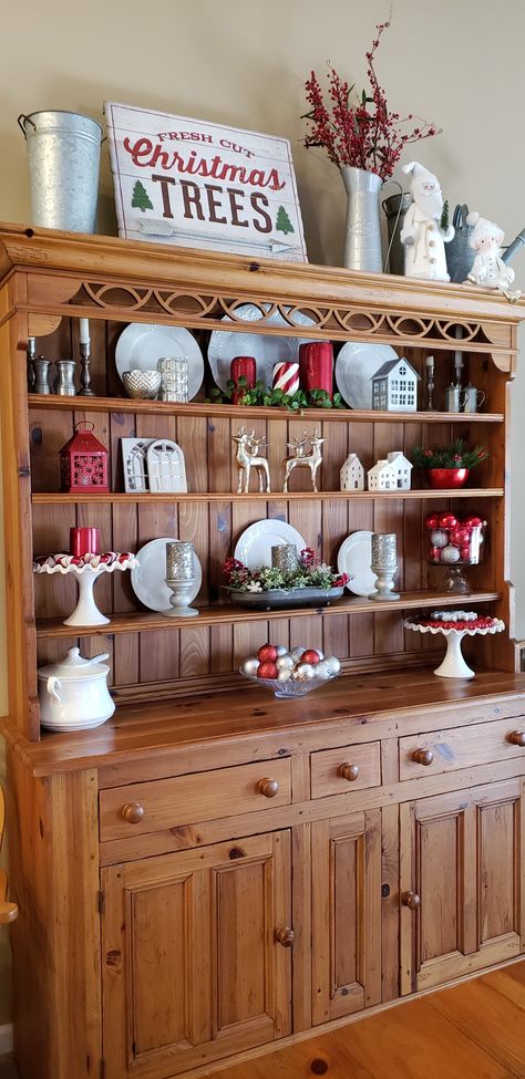 Vintage Christmas China Cabinet, Kitchen Hutch Christmas Decor, China Cabinet Christmas Decor, Hutch Decorating Ideas Farmhouse, Hutch Christmas Decor, Christmas China Cabinet Decor, Christmas Hutch Decorating Ideas, Kitchen Hutch Decorating Ideas, Farmhouse China Hutch